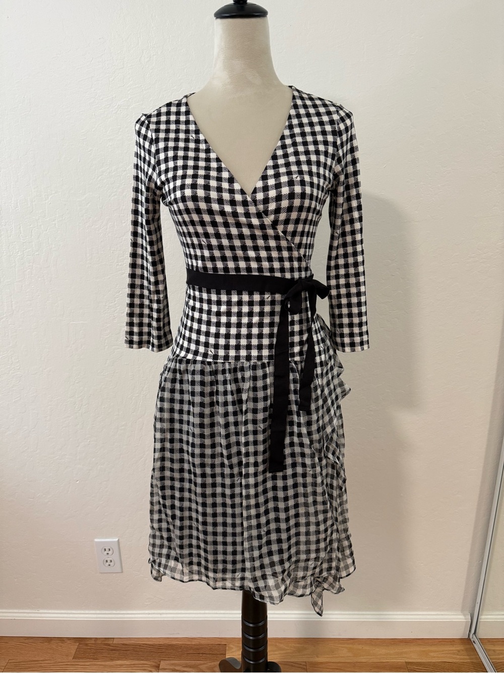 DVF Riviera Black & White Gingham Wrap Dress with Waist Tie